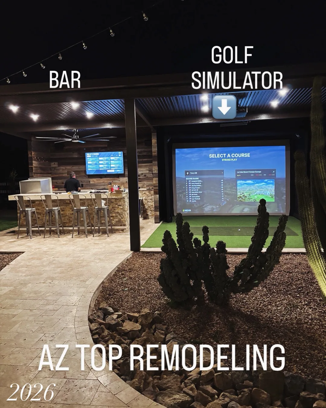 Travertine-style outdoor entertainment hardscape